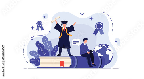 Proud graduate in a gown and cap standing on top of a giant book while holding a diploma as a symbol of academic success.