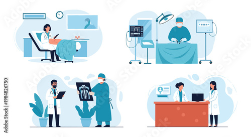 Hospital scenes set featuring various medical activities such as surgery, doctor consultation, x-ray examination, and hospital reception.