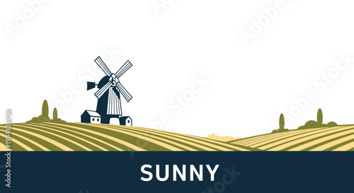 Peaceful rural landscape featuring a classic windmill and a small farmhouse situated among rolling green hills and cultivated fields.