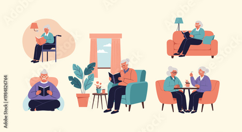 Elderly people enjoying their leisure time by reading books in various comfortable indoor settings like sofas and armchairs.