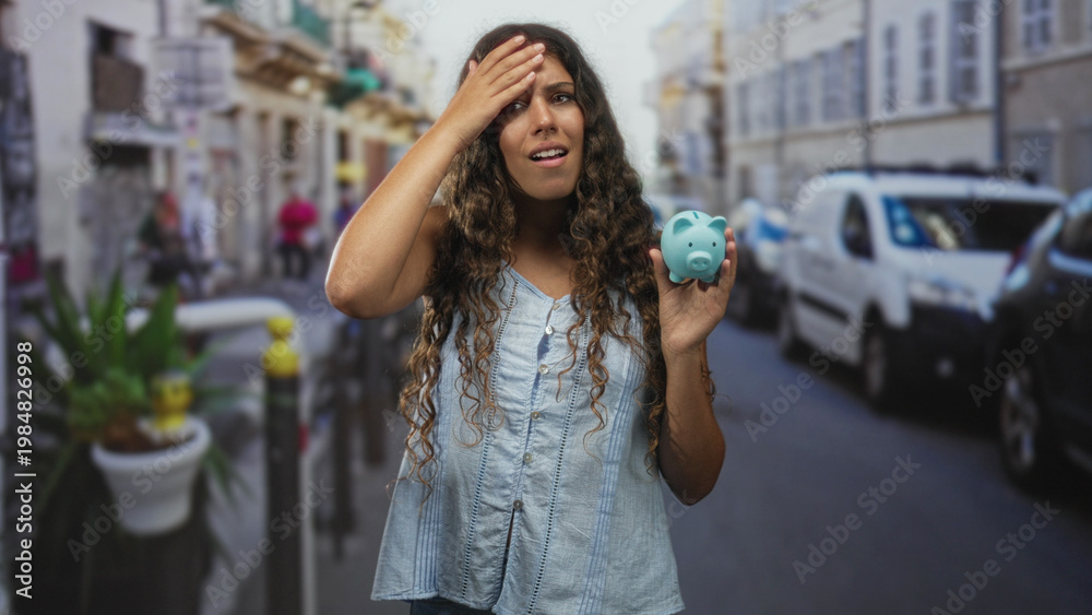 Fototapeta premium Woman holding a blue piggybank with raised hand and smiling on a busy city street, denim top visible; hopeful saving.