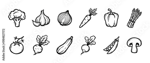 Set of hand-drawn vegetable icons in a simple black outline sketch style, featuring broccoli, carrot, tomato, and mushroom for healthy eating and cooking concepts