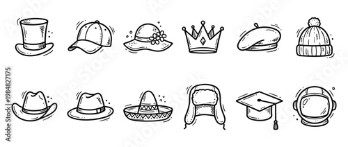 Diverse set of twelve hand-drawn hat and headwear icons presented in a simple black outline sketch style, including a top hat, baseball cap, crown, sombrero, and ushanka