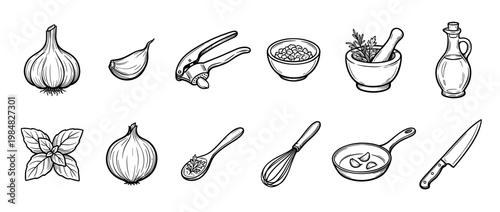 Collection of hand-drawn cooking icons featuring garlic, onion, basil, herbs, and various kitchen utensils like a knife, whisk, and mortar in a black outline sketch style