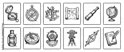 Collection of vintage navigation and exploration tools and instruments, rendered in a detailed black and white hand-drawn sketch style, evoking a sense of adventure and discovery