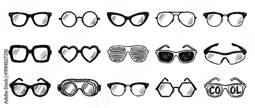 Hand drawn doodle collection of various glasses and sunglasses in different shapes and styles, including retro, modern, and novelty designs like heart-shaped frames and goggles