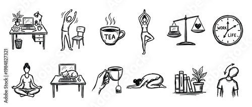 Collection of hand drawn black and white doodle icons depicting work-life balance, relaxation, and office activities, presented in a simple, expressive sketch style