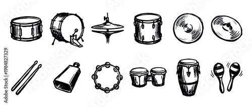 Hand-drawn percussion instrument collection featuring various drums, cymbals, a cowbell, maracas, and a tambourine, illustrated in a rough black and white sketch art style