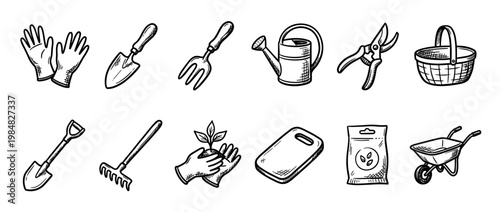 Collection of hand-drawn gardening tools including a shovel, rake, watering can, and gloves in a black and white sketch style for horticulture and farming concepts