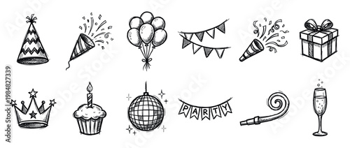 Hand-drawn party celebration icon set with a gift box, balloons, cupcake, and confetti popper in a black and white sketch doodle style for festive event design elements