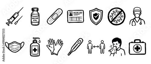 Hand-drawn set of black icons representing vaccination and pandemic prevention measures, including a syringe, vial, face mask, doctor, and social distancing symbol