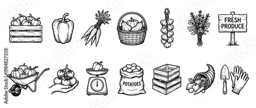 Collection of hand-drawn farming and harvest icons showing fresh vegetables, gardening tools, and market elements in a vintage black and white sketch style illustration set