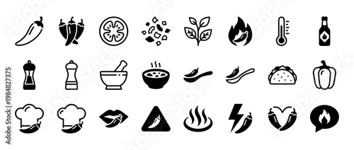 Large set of black glyph icons representing spicy food, hot chili peppers, and various cooking elements in a clean, minimalist style for culinary concepts