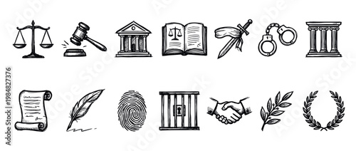 Collection of hand-drawn law and justice icons, rendered in a classic sketch style with bold black lines, depicting symbols of legal concepts and authority