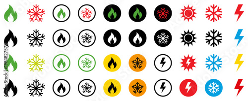 weather icons set featuring fire snowflake sun lightning energy symbols in multiple styles and colors for ui, app, dashboard, temperature, heat, cold, climate and power related designs