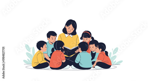 Dedicated female teacher reading a storybook to a group of attentive young children sitting on the floor in a cozy classroom setting.