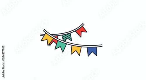 Colorful festive bunting flags hanging on strings as decorations for a birthday party, outdoor festival, carnival, or celebratory event.
