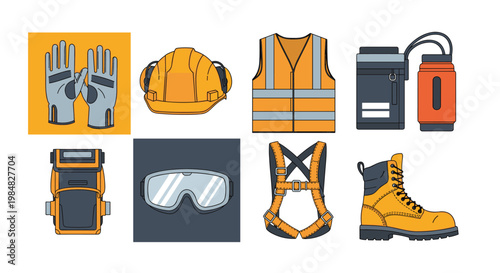 Comprehensive set of construction safety equipment including a hard hat, reflective vest, work boots, gloves, and protective goggles.