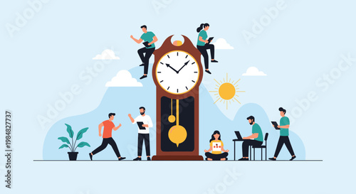 Group of people performing different daily tasks around a large vintage grandfather clock representing time management and productivity.