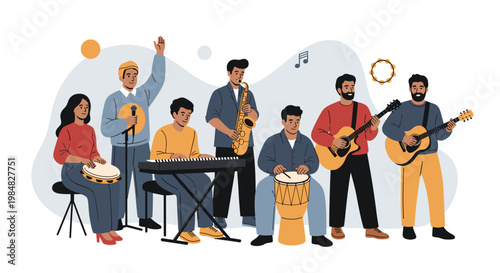 Diverse musical group or band playing various instruments including guitar, saxophone, keyboard, and drums during a live performance.