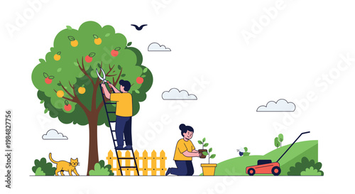 People working in a backyard garden picking fruit from an apple tree, planting flowers, and mowing the lawn for home maintenance.