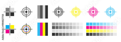 CMYK Color Registration Marks and Calibration Swatches with Grayscale Chart for Professional Printing Quality Control