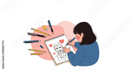 Talented young girl drawing a realistic pencil portrait of a man in her sketchbook surrounded by various art tools and supplies.
