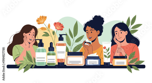 Group of three women examining and testing various skincare and beauty products like creams and lotions for a daily wellness routine.