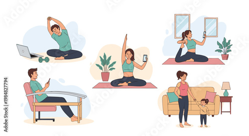 Various scenes of people doing fitness activities at home including yoga, stretching, and mindful meditation for a healthy lifestyle.