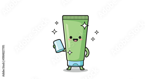 Cute cartoon character of a tube of cosmetic cream or toothpaste with a smiling face and sparkles representing clean hygiene products.