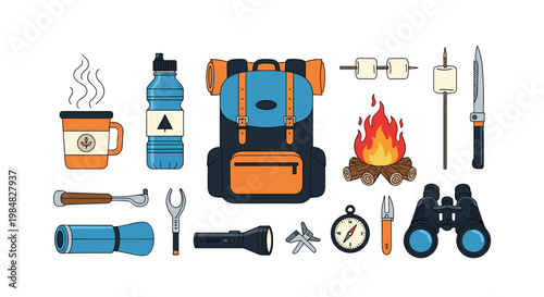 Diverse collection of camping and outdoor hiking equipment including a backpack, campfire, binoculars, and navigation tools on white.