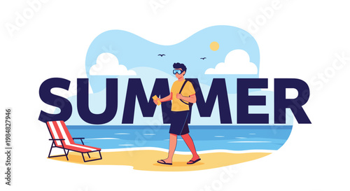Man in summer attire walking on a sunny beach with a lounge chair and the sea in the background under a large summer text banner.