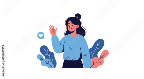 Friendly young woman with dark hair waving hello with a heart speech bubble and colorful leaves on a clean white background.