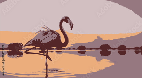 Single pink flamingo stands gracefully on one leg in the calm shallow water while illuminated by the warm glowing light of a beautiful golden sunset during a peaceful summer evening time