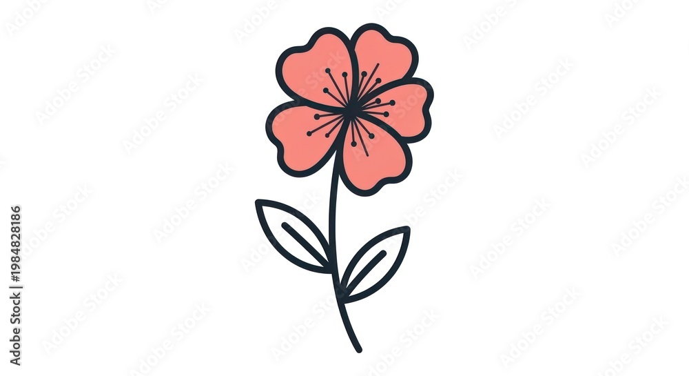 Obraz premium Simple illustration of a pink flower with stem and leaves against white