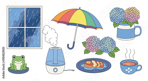 Collection of rainy day items including a colorful umbrella, hydrangea flowers, a humidifier, hot tea, and a window view.