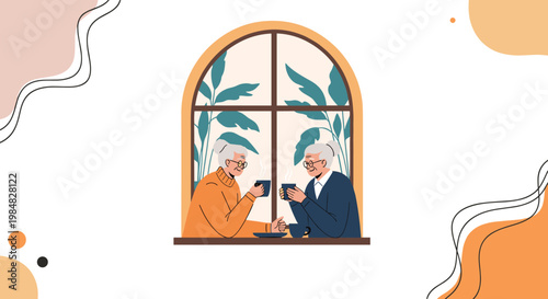 Two senior women enjoying tea and conversation in front of an arched window with plants and abstract background shapes.
