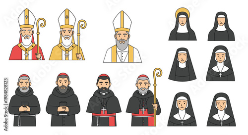 Collection of Catholic Church religious figures including popes, bishops, nuns, and monks shown in traditional ecclesiastical clothing.