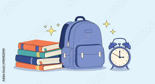 School supplies composition featuring a blue backpack next to a stack of textbooks and a classic alarm clock for back to school theme.