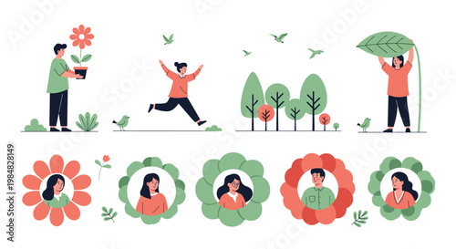 People enjoying outdoor nature activities with large flowers and leaves representing environmental awareness, growth, and park relaxation.