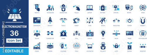 Electromagnetism 36 solid Icon set. Electricity, magnetism, circuits, energy, power, science and vectors icons. Editable, scalable, isolated on transparent background.