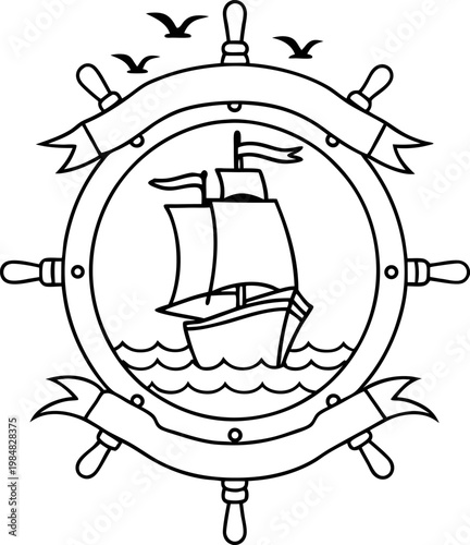Vintage sailing ship inside ship wheel with ribbons and seagulls nautical emblem design