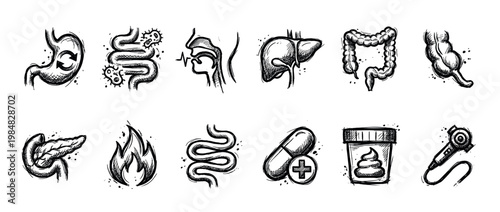 Hand drawn sketch icon set of digestive system organs and gastroenterology symbols for medical concepts, featuring stomach, liver, intestine, pancreas, and treatment illustrations