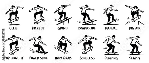 Set of twelve black and white skateboarding trick icons with handwritten names, featuring a skater performing various stunts in a minimalist hand-drawn sketch style