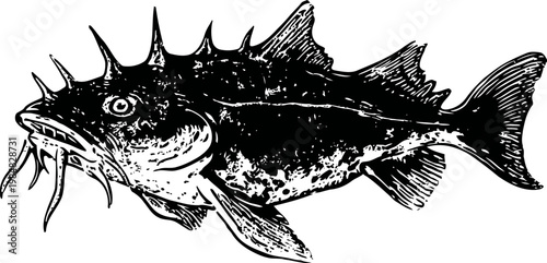 Detailed black and white illustration of a spiny fish with barbel whiskers and textured scales