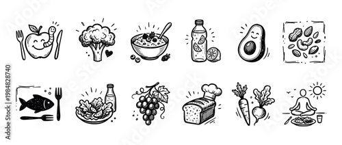 Collection of hand-drawn healthy food and wellness icons, featuring fruits, vegetables, grains, nuts, fish, and a meditating person, rendered in a charming, rustic sketch style