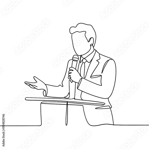 One continuous line drawing of a man giving a public speech