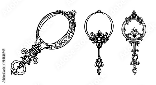 Baby rattle set with ornate silver design featuring line art, minimalistic, black illustration with nursery and childcare