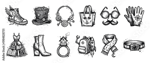 Set of black and white sketch illustrations featuring imaginative fashion accessories like a clock boot, steampunk necklace, and a camera belt in a creative and surreal doodle style