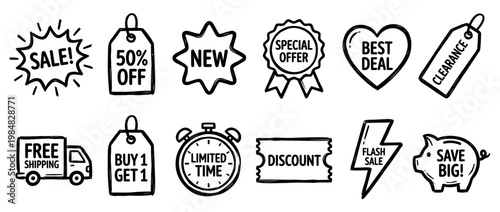Collection of hand-drawn black and white sales icons, featuring various promotional messages and symbols for discounts, offers, and shopping deals in a playful doodle style
